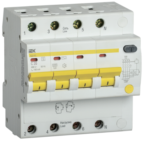 Выключатель автоматический дифференциальный АД14S 4п 20А C 100мА тип AC (5 мод) | код. MAD13-4-020-C-100 | IEK 